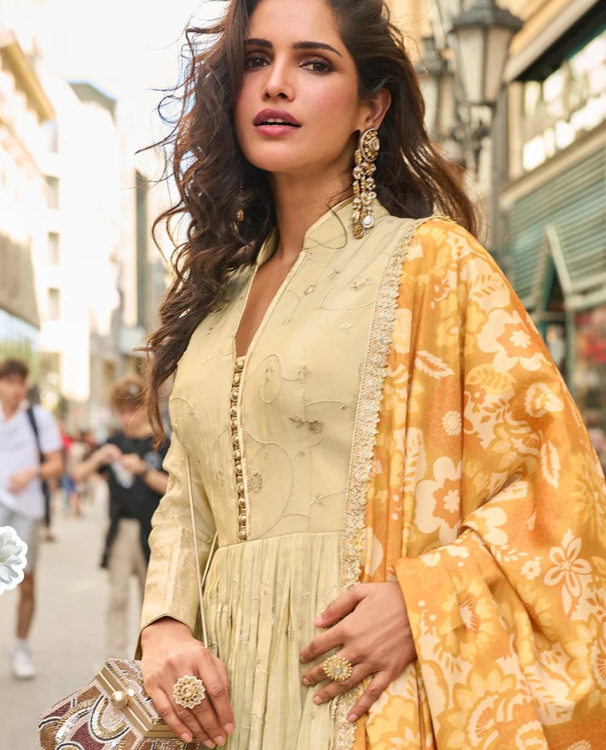 YELLOW - Designer Yellow Ombre Embroidered Indo Western Simar Silk Anarkali Gown